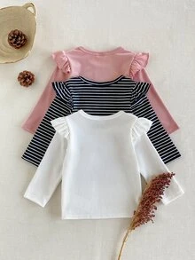 SHEIN Playful Pals 3件組女嬰可愛粉色白色海軍藍荷葉邊羅紋飛袖圓領輕便條紋派對秋季節日T恤上衣 - 黑與白 - 查看 2