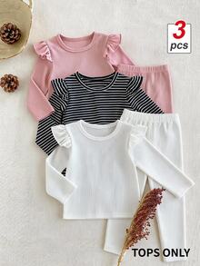 SHEIN Playful Pals 3件組女嬰可愛粉色白色海軍藍荷葉邊羅紋飛袖圓領輕便條紋派對秋季節日T恤上衣 - 黑與白 - 查看 1