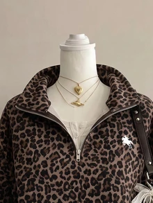 SHEIN Sparklyn 青少年女孩復古棕色豹紋半拉鍊保暖內裡落肩衛衣，街頭復古風，休閒舒適，秋季疊穿，Y2K，運動風，外出穿搭，校園休閒風 - 彩色 - 查看 6