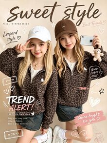 SHEIN Sparklyn 青少年女孩復古棕色豹紋半拉鍊保暖內裡落肩衛衣，街頭復古風，休閒舒適，秋季疊穿，Y2K，運動風，外出穿搭，校園休閒風 - 彩色 - 查看 5