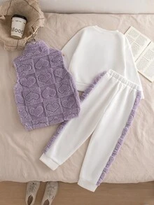 SHEIN 3件組少女冬季套裝，愛心刺繡羅紋運動衫、毛絨滾邊運動長褲、拉鍊毛絨背心，校園開學冬季服飾 - 彩色 - 查看 3