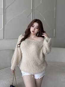 Vibekara Plus Size Women Fall Winter Pullover Sweater, Solid Color Off Shoulder Fuzzy Knit Top, Loose Casual Versatile Long Sleeve Knitted Blouse - Khaki - View 8