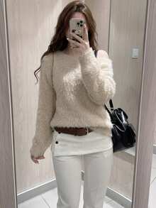 Vibekara Plus Size Women Fall Winter Pullover Sweater, Solid Color Off Shoulder Fuzzy Knit Top, Loose Casual Versatile Long Sleeve Knitted Blouse - Khaki - View 1