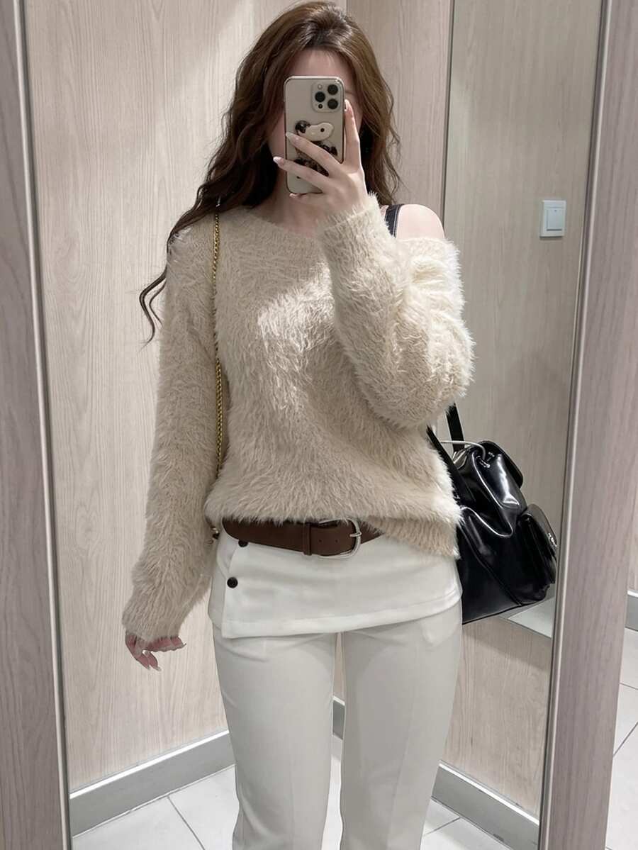 Vibekara Plus Size Women Fall Winter Pullover Sweater, Solid Color Off Shoulder Fuzzy Knit Top, Loose Casual Versatile Long Sleeve Knitted Blouse - Khaki - View 1