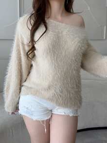 Vibekara Plus Size Women Fall Winter Pullover Sweater, Solid Color Off Shoulder Fuzzy Knit Top, Loose Casual Versatile Long Sleeve Knitted Blouse - Khaki - View 6