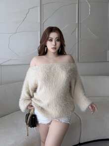 Vibekara Plus Size Women Fall Winter Pullover Sweater, Solid Color Off Shoulder Fuzzy Knit Top, Loose Casual Versatile Long Sleeve Knitted Blouse - Khaki - View 3
