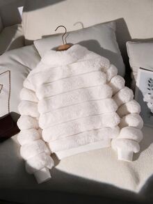 Elladie kids Jaket Streetwear Serbaguna Berbulu dengan Resleting dan Manset Bergaris untuk Anak Perempuan Remaja, Cocok untuk Musim Gugur dan Musim Dingin. - Putih - View 3