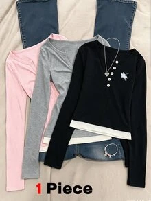 SHEIN 青少年女孩黑色秋季上衣 長袖鈕扣亨利領 2合1假兩件式修身休閒基礎款馬匹圖案針織上衣 校園穿搭 - 黑色 - 查看 1
