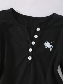 SHEIN 青少年女孩黑色秋季上衣 長袖鈕扣亨利領 2合1假兩件式修身休閒基礎款馬匹圖案針織上衣 校園穿搭 - 黑色 - 查看 5