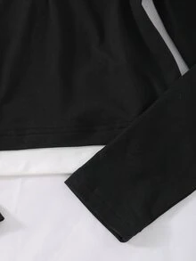SHEIN 青少年女孩黑色秋季上衣 長袖鈕扣亨利領 2合1假兩件式修身休閒基礎款馬匹圖案針織上衣 校園穿搭 - 黑色 - 查看 4
