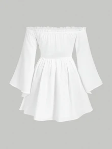 SHEIN MOD Plus Size Off-Shoulder Ruffle Sleeve White Dress Pleated With Flowy Short Autumn Women's Casual Soft Form Brunch Vacation Wedding Guest - White - View 4
