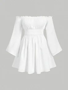 SHEIN MOD Plus Size Off-Shoulder Ruffle Sleeve White Dress Pleated With Flowy Short Autumn Women's Casual Soft Form Brunch Vacation Wedding Guest - White - View 1