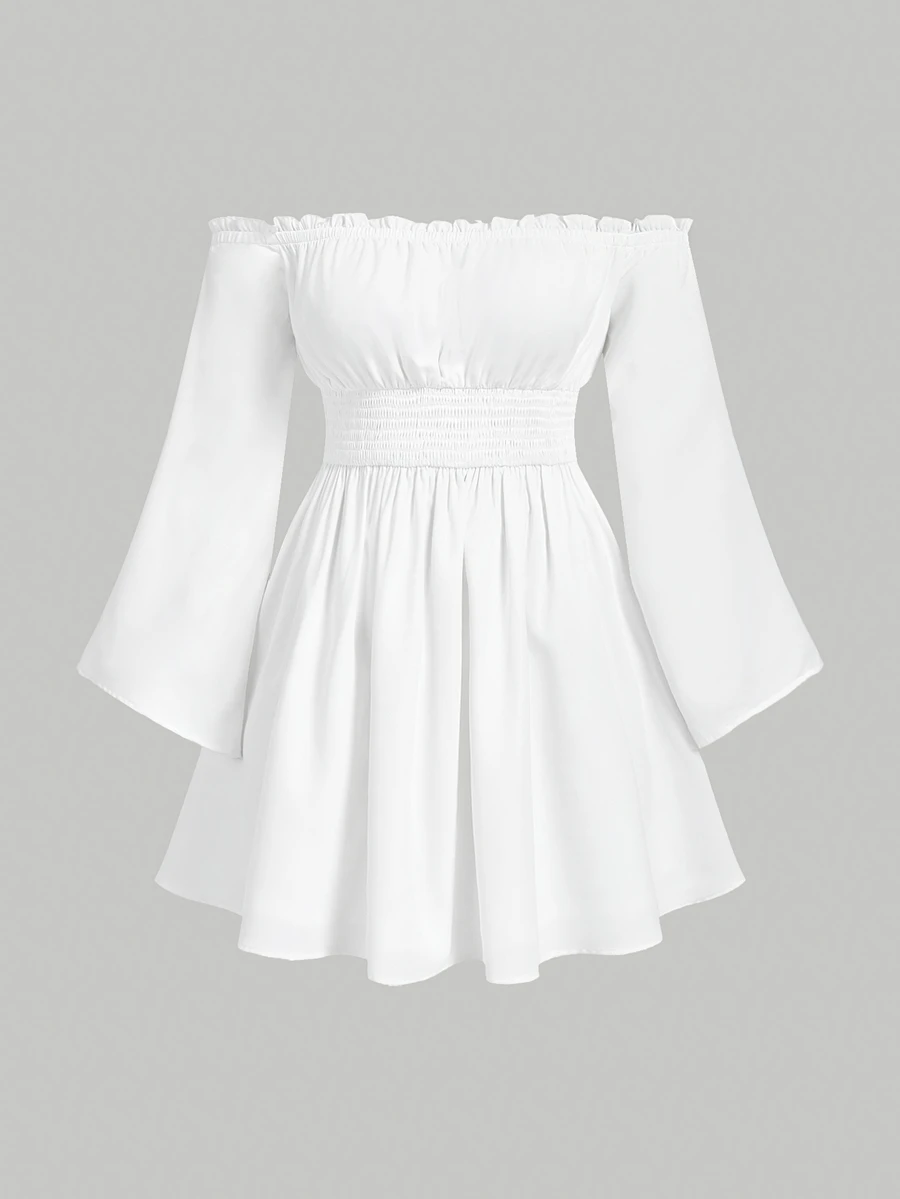 SHEIN MOD Plus Size Off-Shoulder Ruffle Sleeve White Dress Pleated With Flowy Short Autumn Women's Casual Soft Form Brunch Vacation Wedding Guest - White - View 1