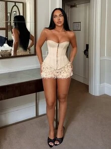 SHEIN SXY Celana Pendek Berpayet Seksi untuk Pesta Malam di Klub Malam dengan Pinggang Rendah - Aprikot - View 6