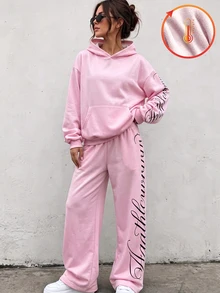 SHEIN 青少年女孩長袖抓絨保暖內裡連帽衛衣套裝，寬鬆針織復古抓褶花卉背心，冬季服飾，Sixth Form 正式粉色 - 粉色 - 查看 5