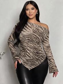 Firerie Plus Size Zebra Print Asymmetrical Shoulder Long Sleeve T-Shirt Top, Autumn/Winter/Spring - Multicolor - View 8