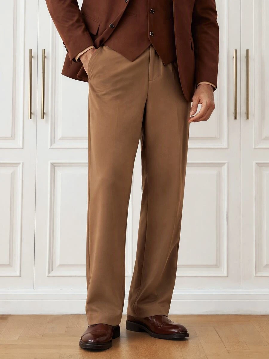 Officeau Men's Old Money Coffee Brown Crease-Resistant Straight-Leg Suit Pants, For Business Formal/ Evening - Coffee Brown - View 1