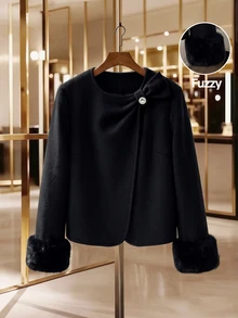 GlowEve CURVE Plus Size Women's Luxury Elegant Wool Blend Fleece Coat - Black - View 3