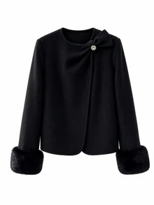 GlowEve CURVE Plus Size Women's Luxury Elegant Wool Blend Fleece Coat - Black - View 5