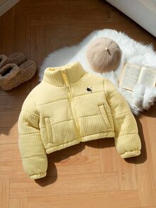 SHEIN 青少年女孩黑色粗繩編織加厚短款冬裝外套，立領加厚韓版寬鬆刺繡軟萌街頭風 - 黃色 - 查看 6