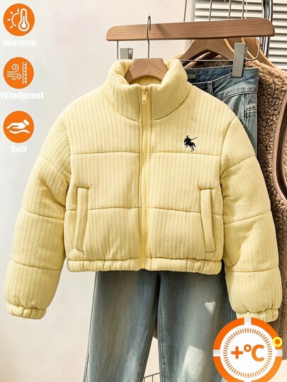 SHEIN Teen Girls' Black Cable Knit Cotton Padded Coat, Short Winter New Style, Stand Collar Thickened Padded Coat, Korean Loose Fit Embroidered Soft Cute