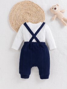 SHEIN 2pcs Blue Baby Boy Cute Letter Patch Shoulder Snaps Long Sleeve Pullover Overalls Trousers Set Fall - Navy Blue - View 3