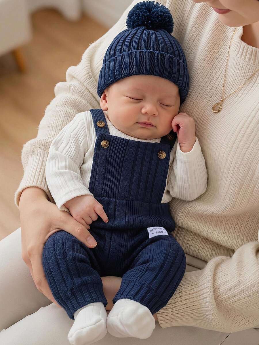 SHEIN 2pcs Blue Baby Boy Cute Letter Patch Shoulder Snaps Long Sleeve Pullover Overalls Trousers Set Fall