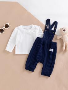 SHEIN 2pcs Blue Baby Boy Cute Letter Patch Shoulder Snaps Long Sleeve Pullover Overalls Trousers Set Fall - Navy Blue - View 8