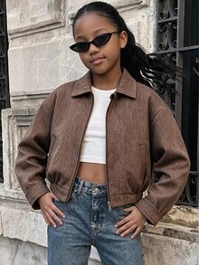 SHEIN 青少年女孩秋季服飾復古圖案街頭風可愛短版夾克翻領拉鍊飛行員外套咖啡棕落肩紋理外衣校園穿搭 - 棕色 - 查看 8