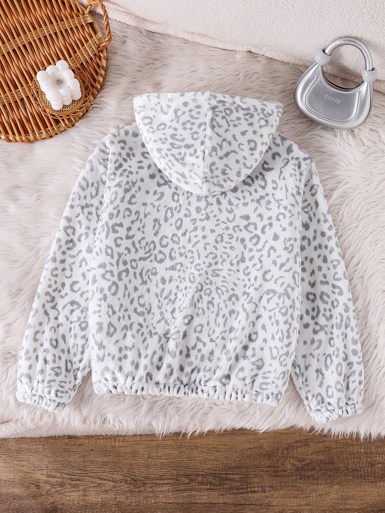 SHEIN Sparklyn Tween Girls Winter Clothes Jackets Casual Streetwear Graphic Colorblock Retro Fashion Leopard Print Grey White Flannel Fleece Lined School Club - Multicolor - View 4