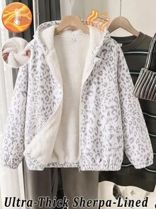 SHEIN Sparklyn 青少年女孩冬季外套休閒街頭風圖案拼色復古時尚豹紋灰白法蘭絨加絨夾克校園社團款 - 彩色 - 查看 3