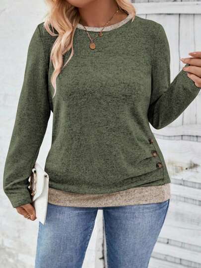 SHEIN LUNE Nouveau T-shirt décontracté à col rond et manches longues pour femmes grandes tailles