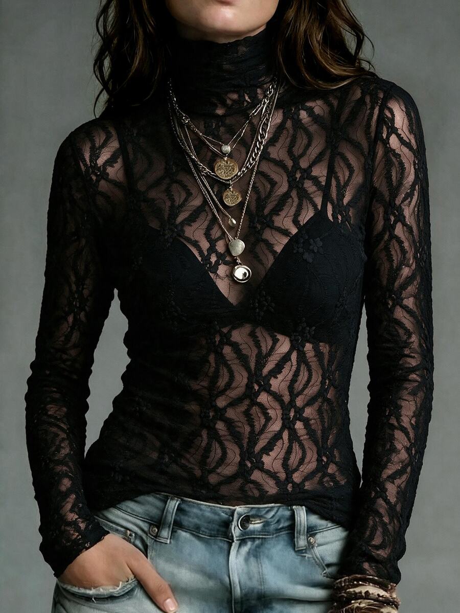 SHEIN 2026 Autumn/Winter/Spring New Women's Black High Elastic Lace Long Sleeve High Ruffle Neck T-Shirt, 3D Pattern Semi-See-Through, Halloween Night Out