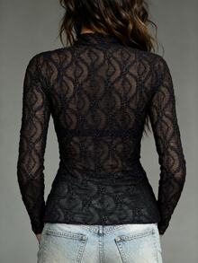 SHEIN 2026 Autumn/Winter/Spring New Women's Black High Elastic Lace Long Sleeve High Ruffle Neck T-Shirt, 3D Pattern Semi-See-Through, Halloween Night Out - Black - View 3