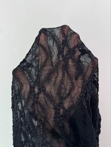 SHEIN 2026 Autumn/Winter/Spring New Women's Black High Elastic Lace Long Sleeve High Ruffle Neck T-Shirt, 3D Pattern Semi-See-Through, Halloween Night Out - Black - View 6