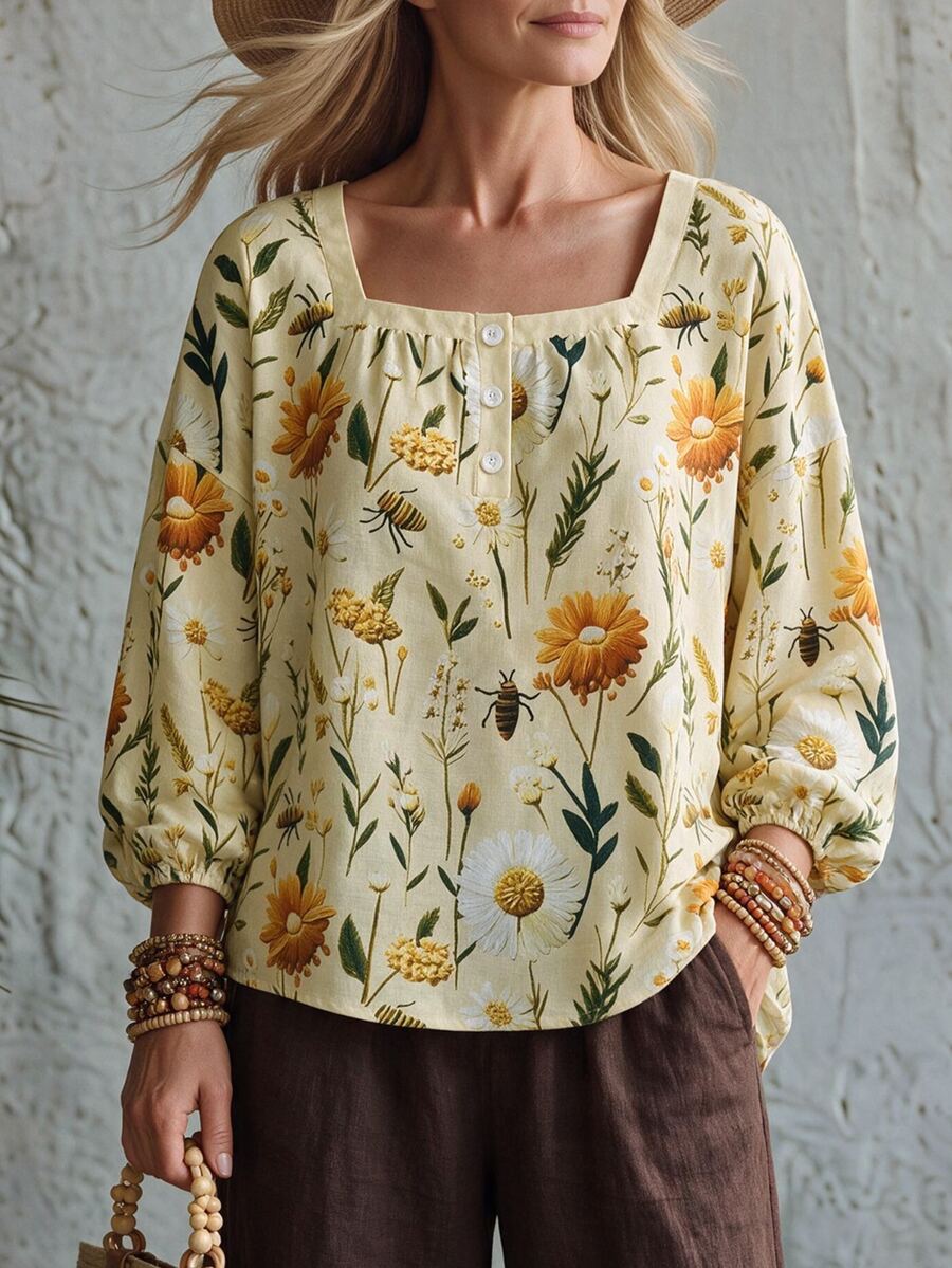 Hansera Floral Pattern Square Neck Lantern Sleeve Blouse For Middle-Aged And Elderly Women - Yellow - View 1