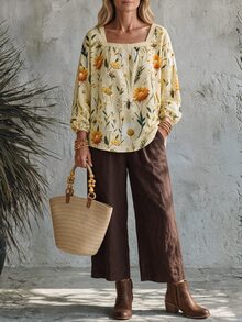 Hansera Floral Pattern Square Neck Lantern Sleeve Blouse For Middle-Aged And Elderly Women - Yellow - View 3