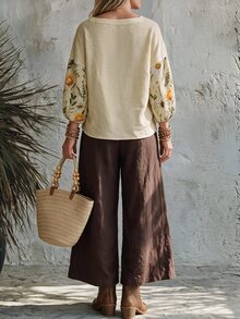 Hansera Floral Pattern Square Neck Lantern Sleeve Blouse For Middle-Aged And Elderly Women - Yellow - View 2