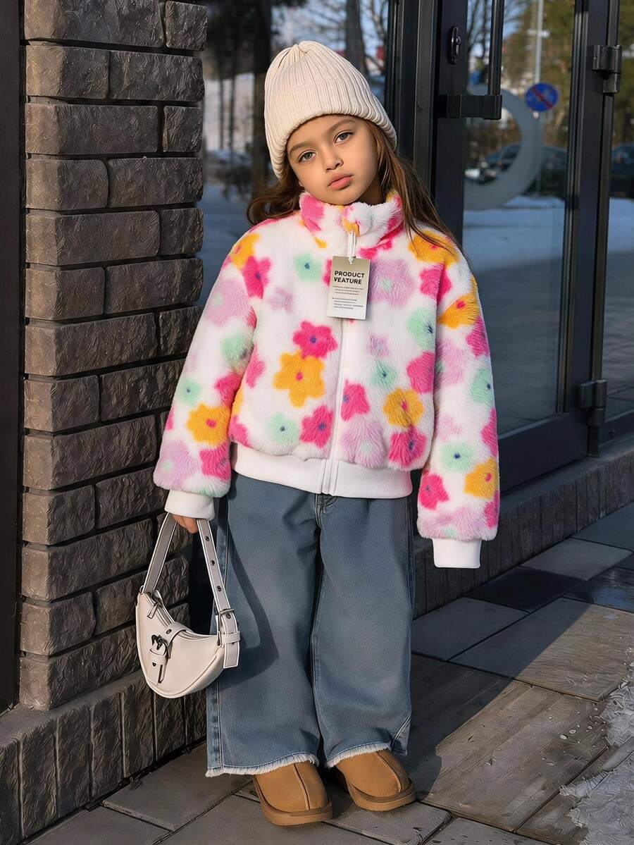 Elladie kids 女童甜美可愛蝴蝶結毛絨拉鍊夾克外套,適合日常休閒外出,春秋冬季皆宜 - 彩色 - 查看 1