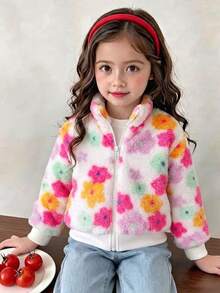 Elladie kids 女童甜美可愛蝴蝶結毛絨拉鍊夾克外套，適合日常休閒外出，春秋冬季皆宜 - 彩色 - 查看 3