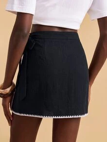 Travachic Women's Floral Bud Trim Side Waist Knot Fashion Skirt - Black - View 2