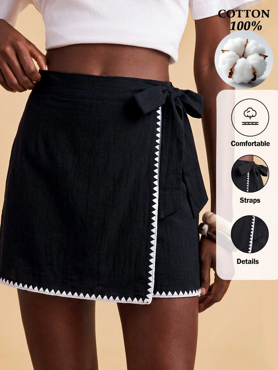 Travachic Women's Floral Bud Trim Side Waist Knot Fashion Skirt - Black - View 1