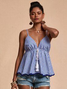 Travachic Women's Striped Pattern Sweetheart Neckline High Waist Ruffle Hem Cami Top - Blue and White - View 5