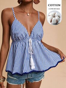 Travachic Women's Striped Pattern Sweetheart Neckline High Waist Ruffle Hem Cami Top - Blue and White - View 1