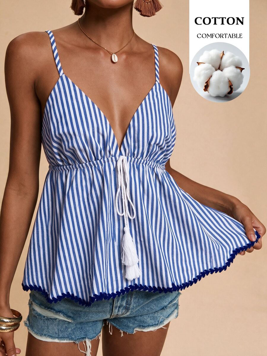 Travachic Women's Striped Pattern Sweetheart Neckline High Waist Ruffle Hem Cami Top - Blue and White - View 1