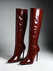 Denimoi Women's Glamorous Sexy Pointy Toe Stiletto Heel Boots - Burgundy - View 3