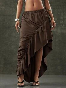 Denimoi Asymmetrical Hem Adjustable Drawstring Skirt Fashionable Streetwear - Coffee Brown - View 7
