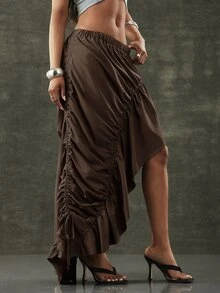 Denimoi Asymmetrical Hem Adjustable Drawstring Skirt Fashionable Streetwear - Coffee Brown - View 10