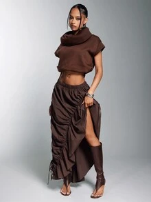 Denimoi Asymmetrical Hem Adjustable Drawstring Skirt Fashionable Streetwear - Coffee Brown - View 1
