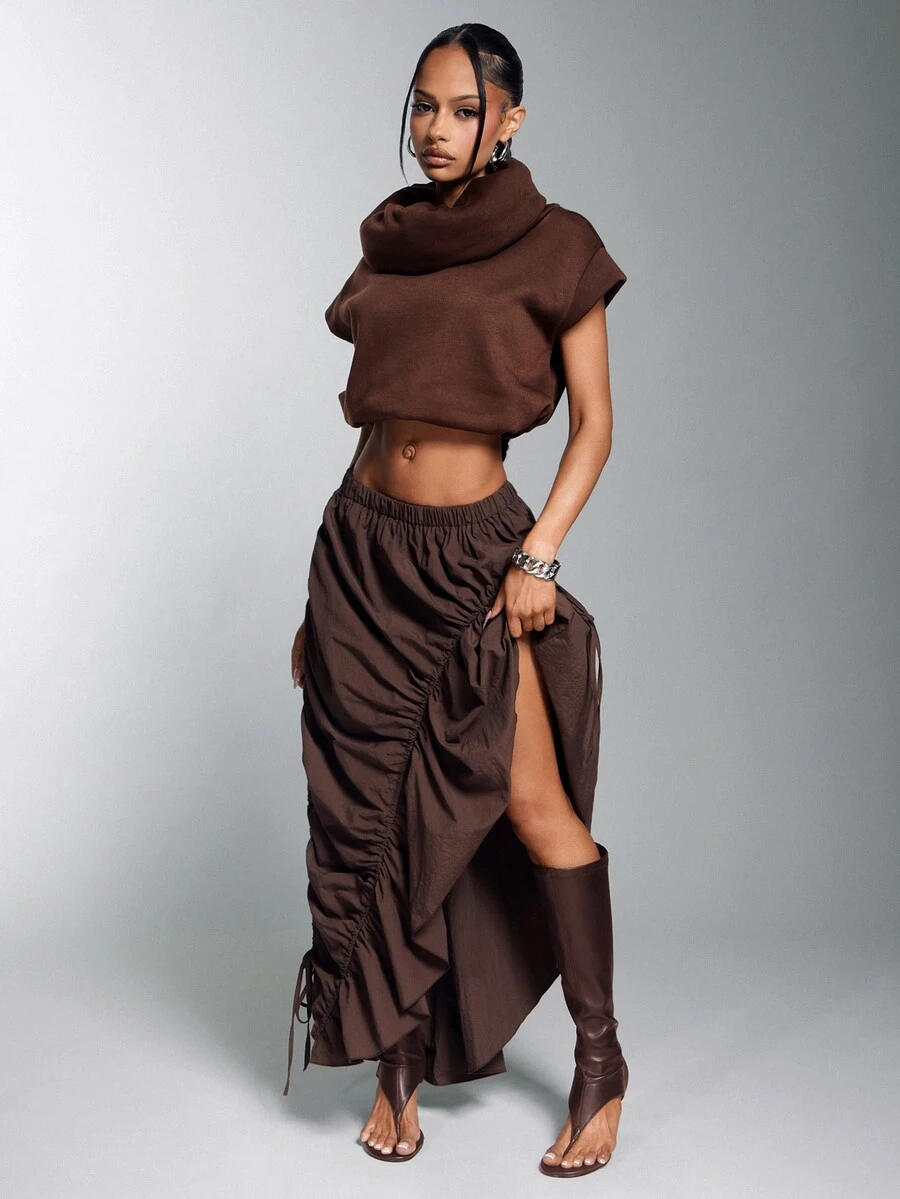 Denimoi Asymmetrical Hem Adjustable Drawstring Skirt Fashionable Streetwear - Coffee Brown - View 1